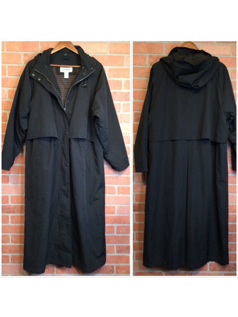 Vintage LL Bean Womens Trench Coat Black Hooded Raincoat Zip Out Wool Liner XL